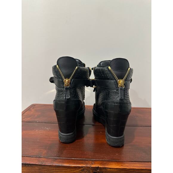 Giuseppe Zanotti Black Croc-Embossed Wedge Sneakers with Gold – Size 38 (US 8) - Picture 3 of 4